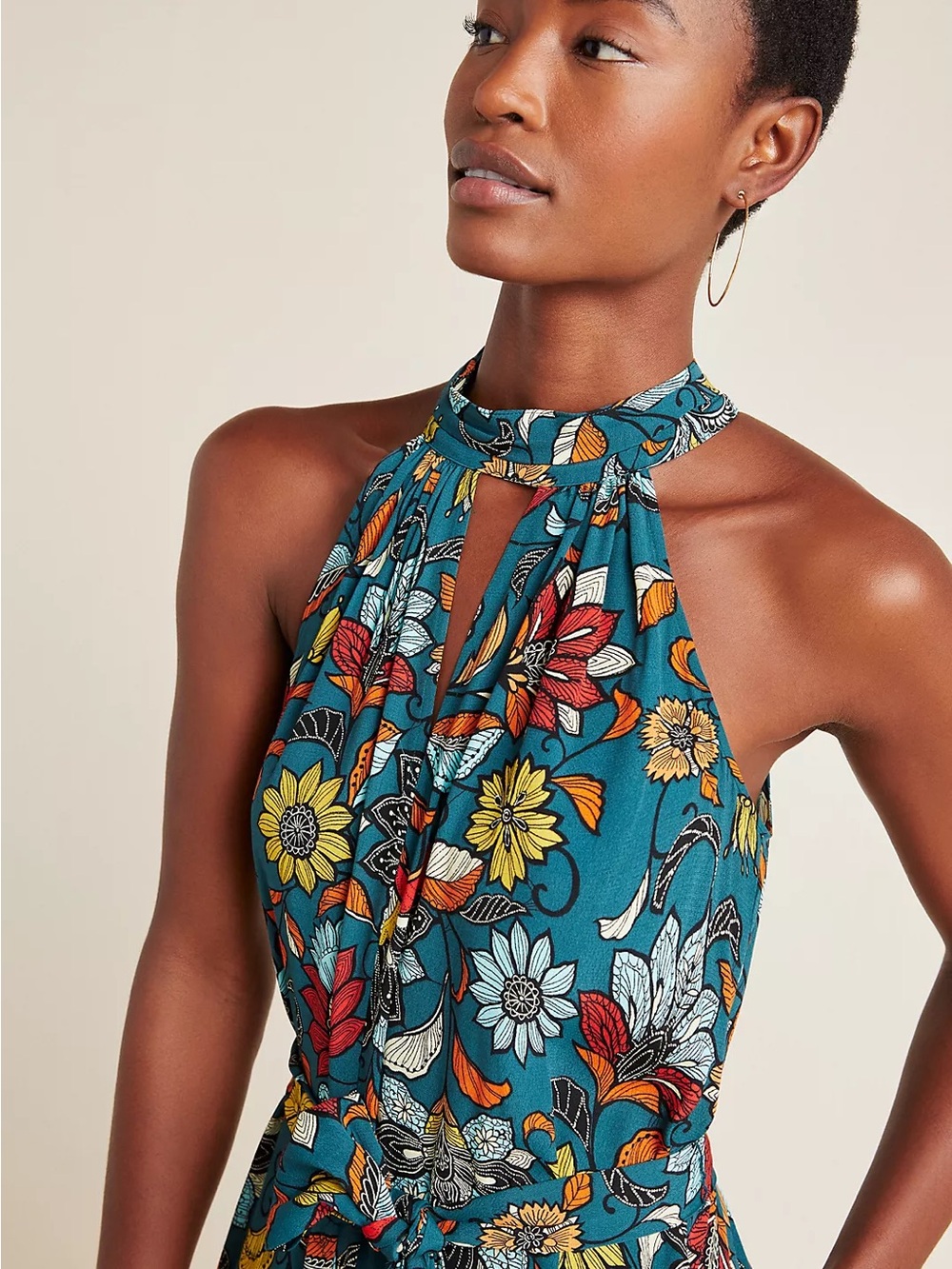 Anthropologie Women’s Geneva Halter Wide-Leg Jumpsuit Teal Floral Size Small - Picture 3 of 15